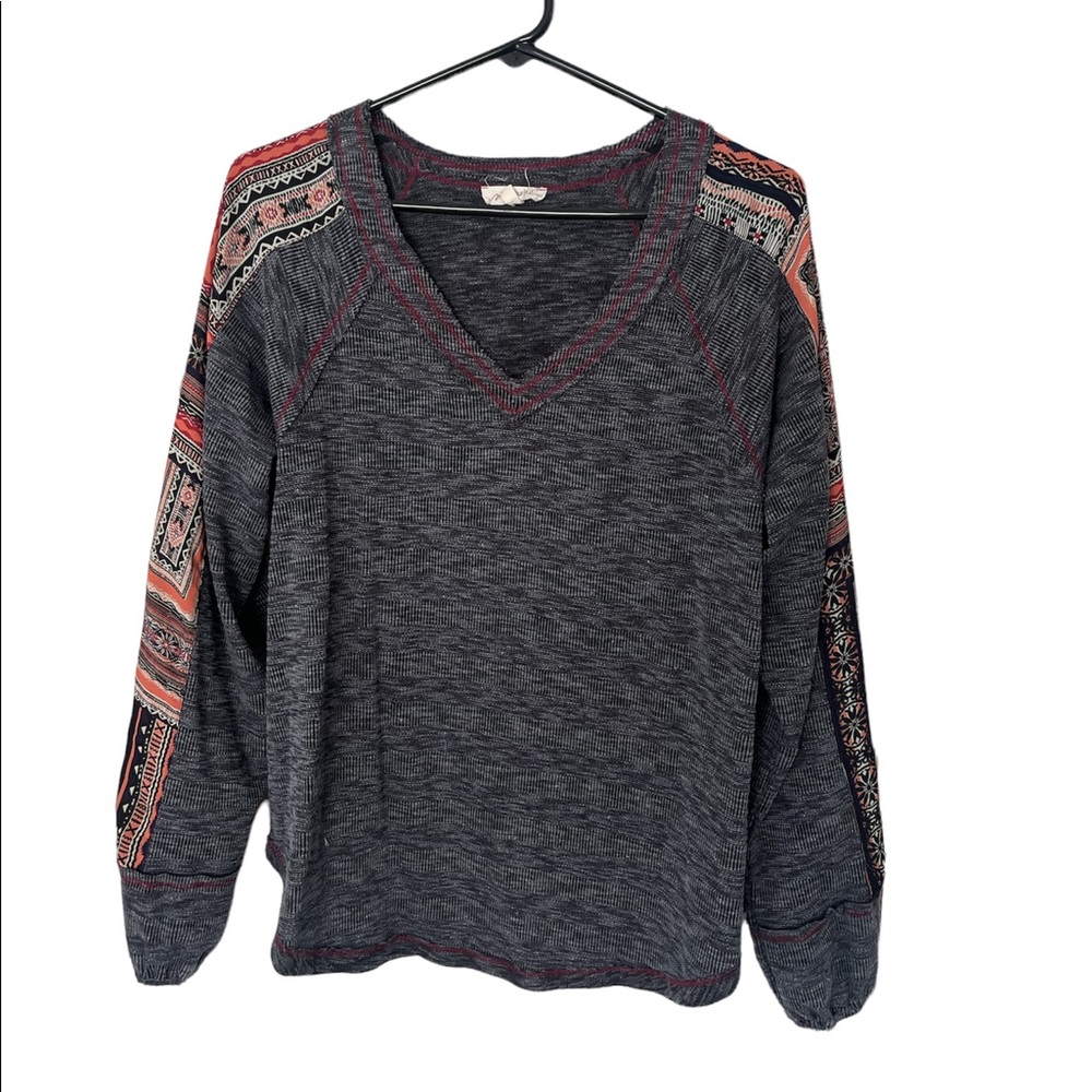 Mystree Long Sleeve Thermal Top V Neck Blouse Boho Medium